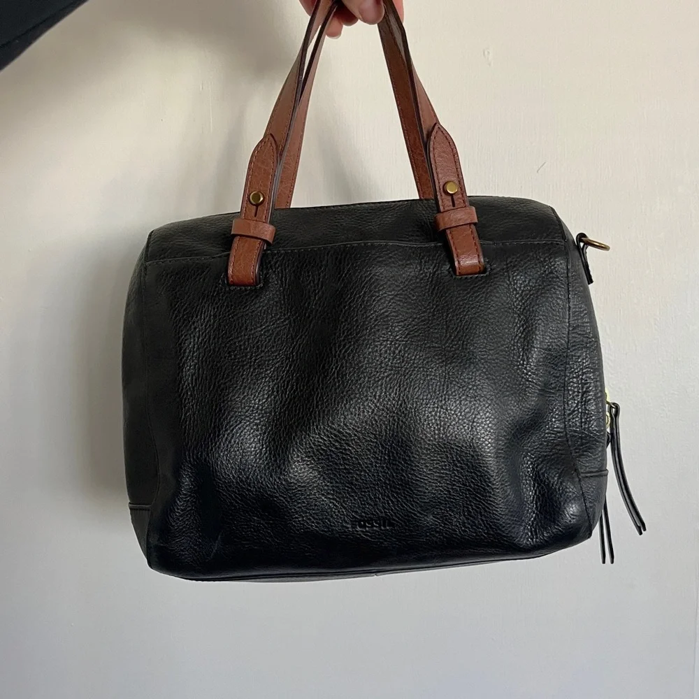 Fossil Black Brown Rachel Small Leather Satchel Purse Handbag Classic - no strap